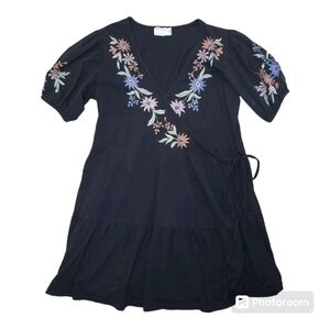 ASOS Black Embroidered Puff Sleeve Wrap Mini Dress Size 14